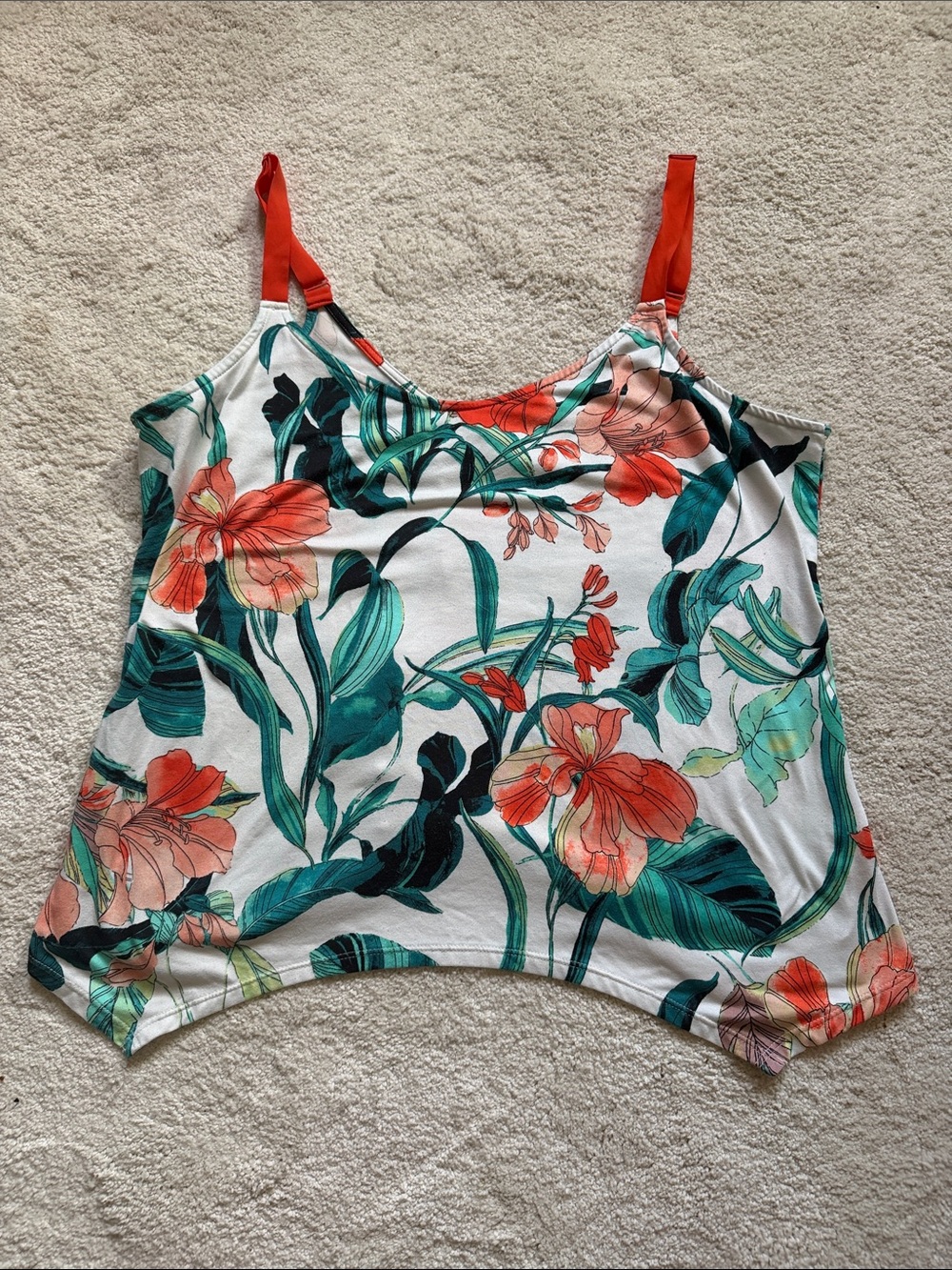 Floral Spaghetti Strap Camisole - White with Coral & Teal